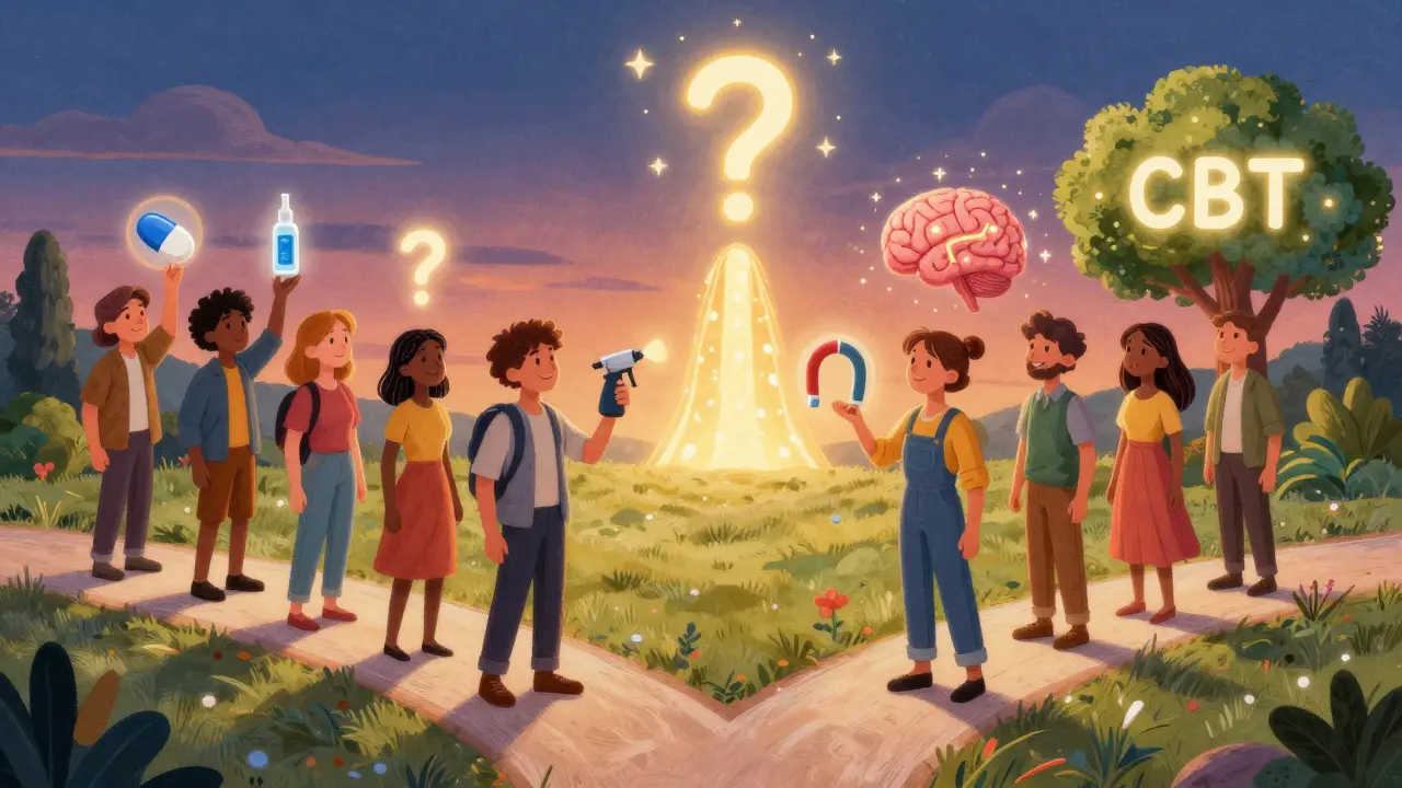 Diverse individuals at a crossroads, each holding symbols of different depression treatments.