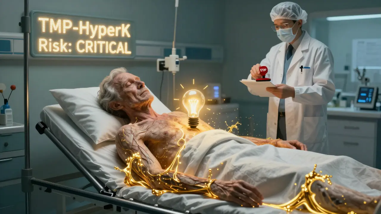 Elderly patient in ER with potassium surging through body as heart flickers, pharmacist stops prescription.