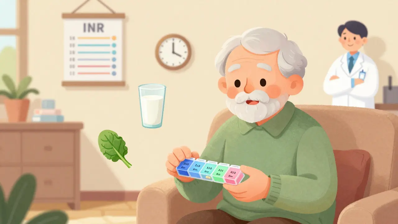 Elderly person using a labeled pill organizer with food and medication icons nearby.
