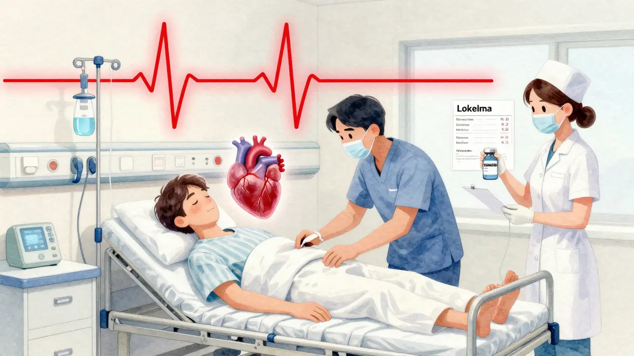 Emergency room scene with IV treatment and a distorted ECG line above a patient's gurney.