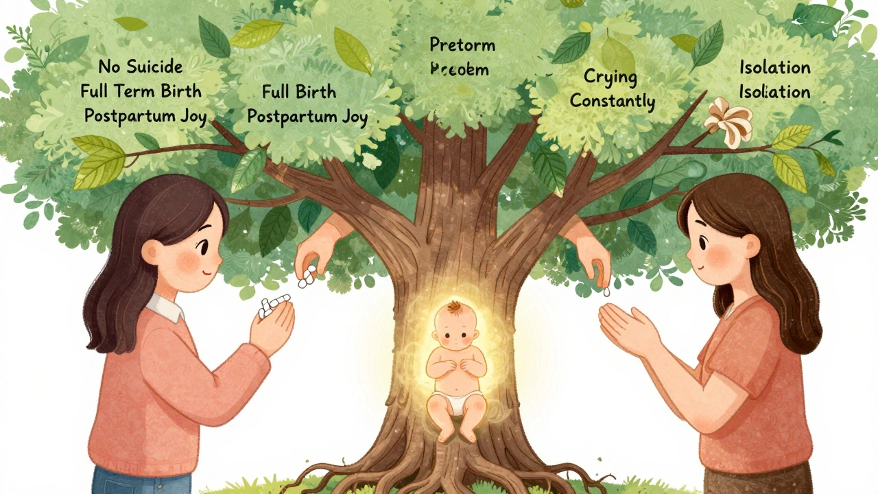 Family tree with hands as branches, showing outcomes of taking or not taking SSRIs during pregnancy.