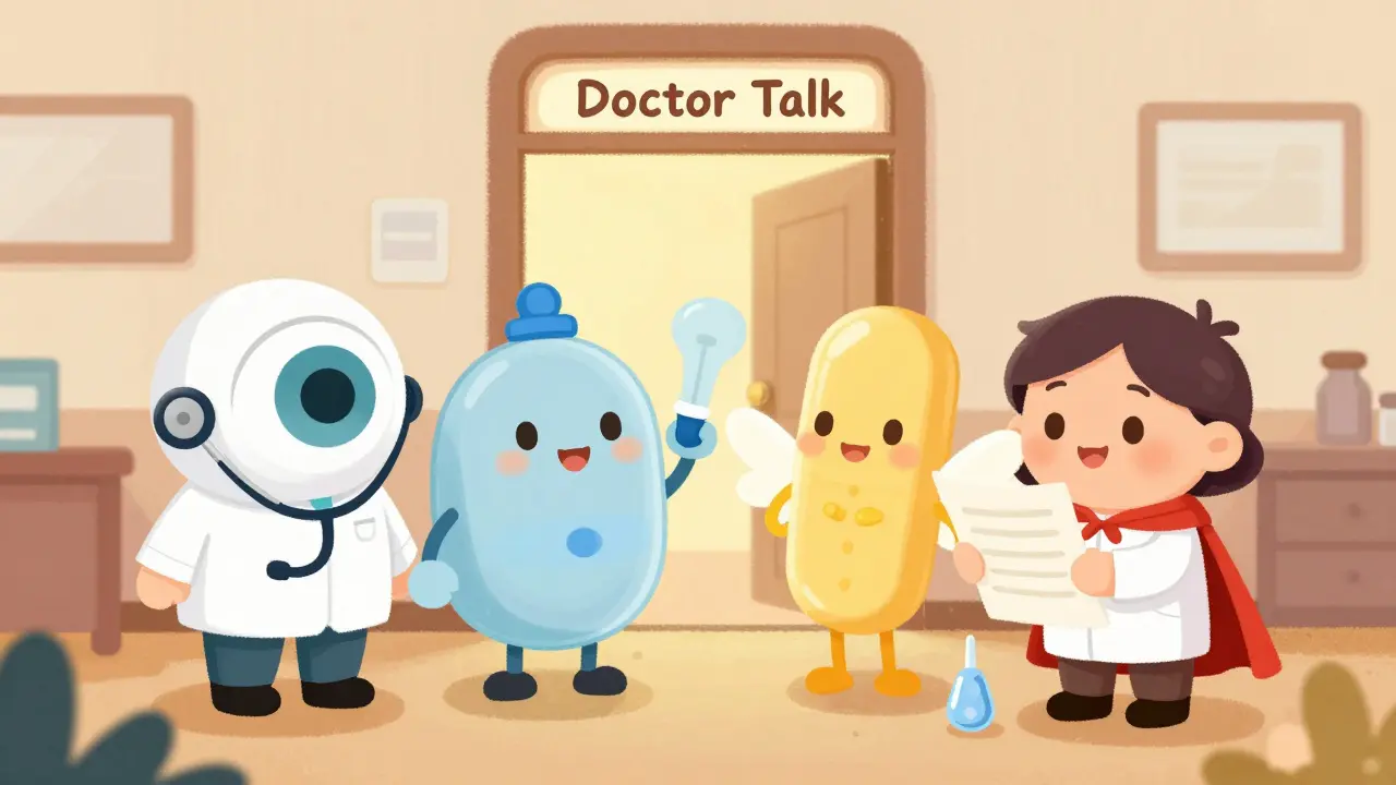 Friendly medical characters help a patient manage dry eyes caused by medications, symbolizing teamwork and hope.
