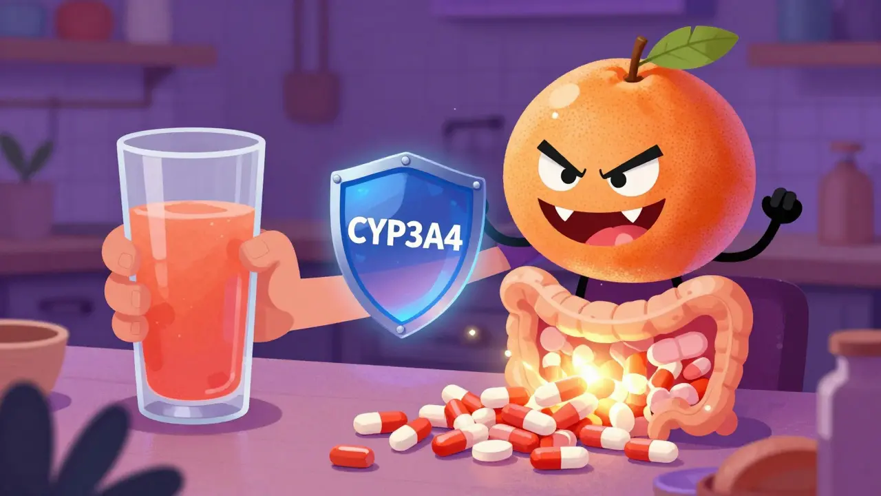 Grapefruit juice blocking an enzyme, causing pills to glow dangerously in the gut.