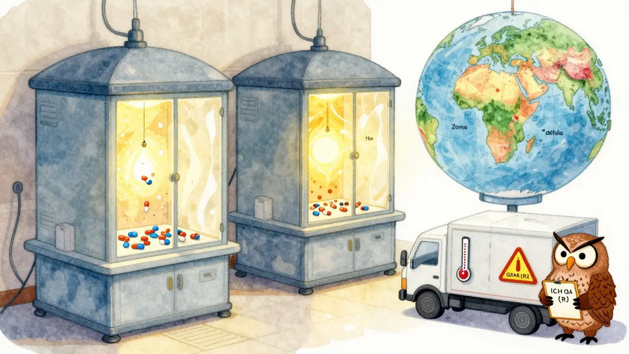 Illustrated lab with stability chambers and a spinning globe showing climate zones, watched by a regulatory owl.