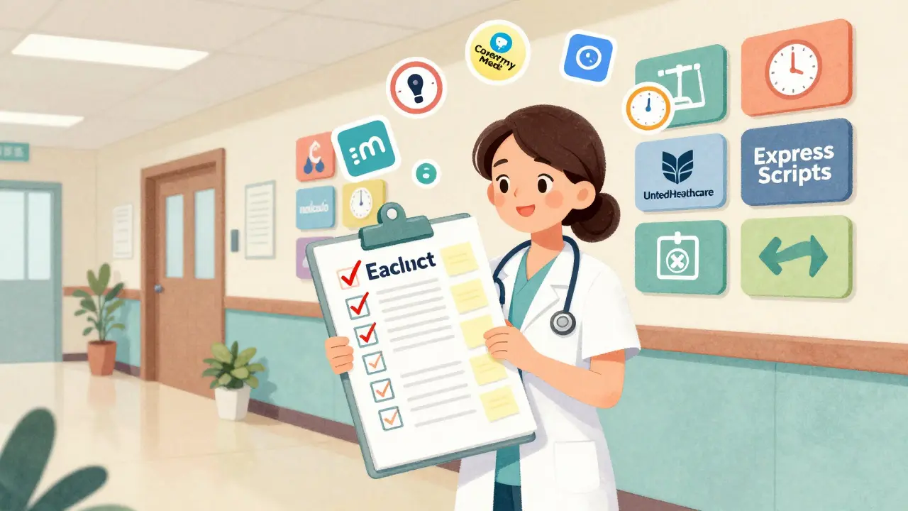 Medical assistant managing payer-specific rules with digital tools.