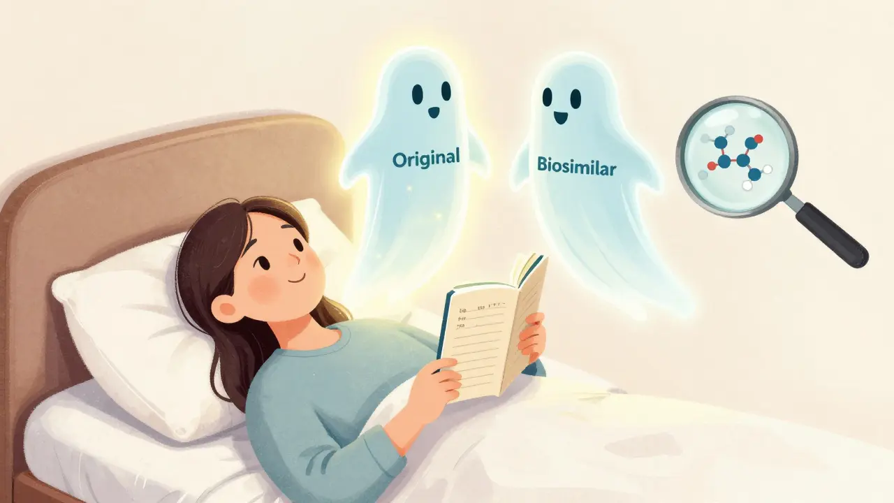 Patient in bed with floating versions of their biologic drug, one steady and one flickering, as a magnifying glass reveals molecular differences.
