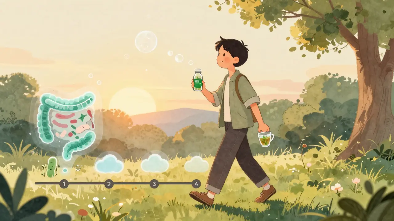 Person walking peacefully with probiotics and tea, gut bacteria thriving and gas fading over time.
