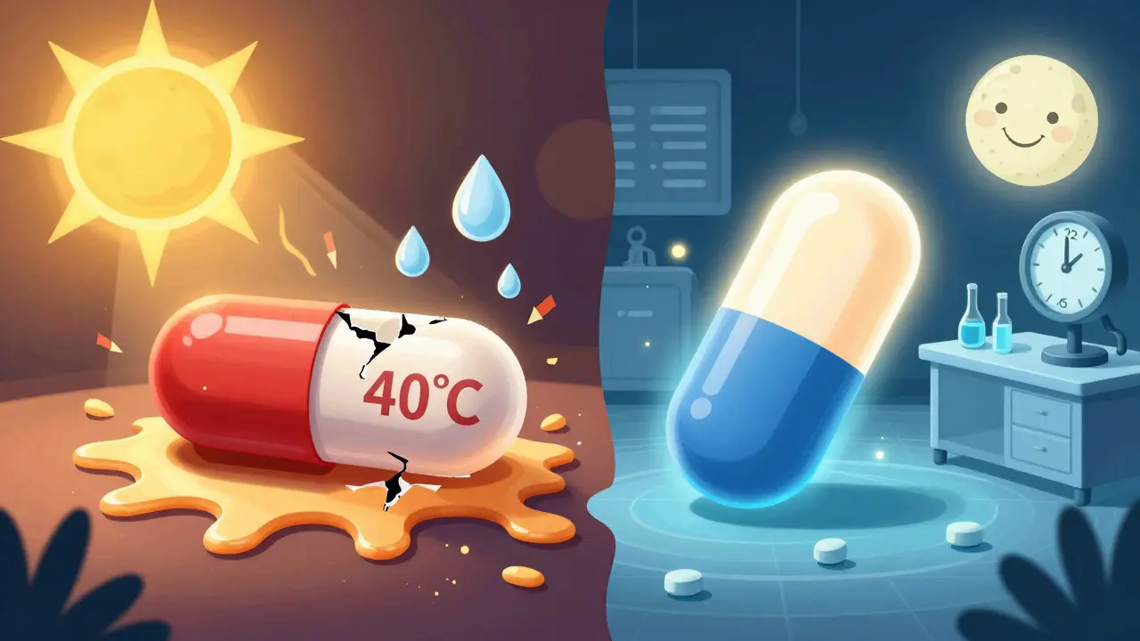 Split illustration of a capsule degrading in heat versus staying stable in a cool lab environment.