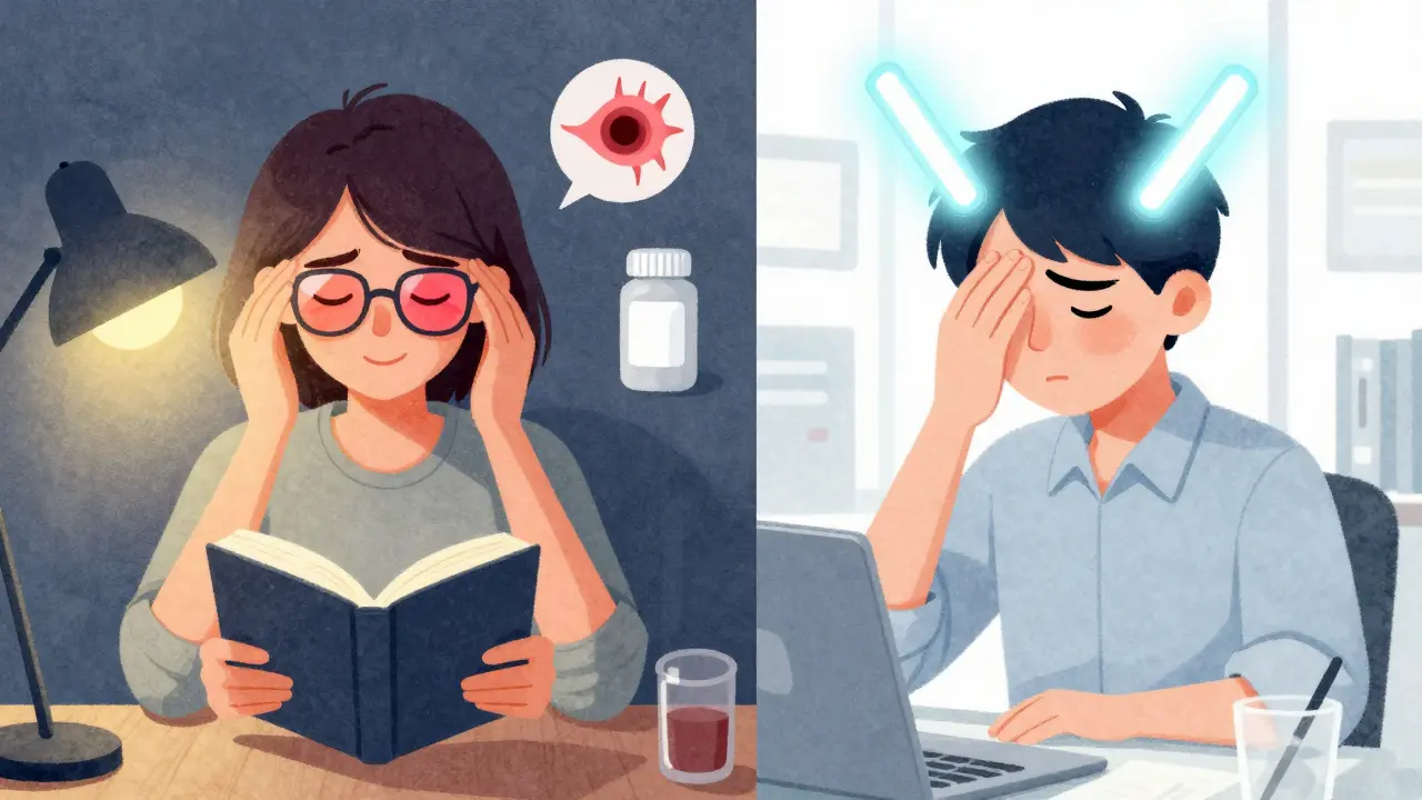 Split scene: one side calm with FL-41 glasses, the other overwhelmed by fluorescent lights.