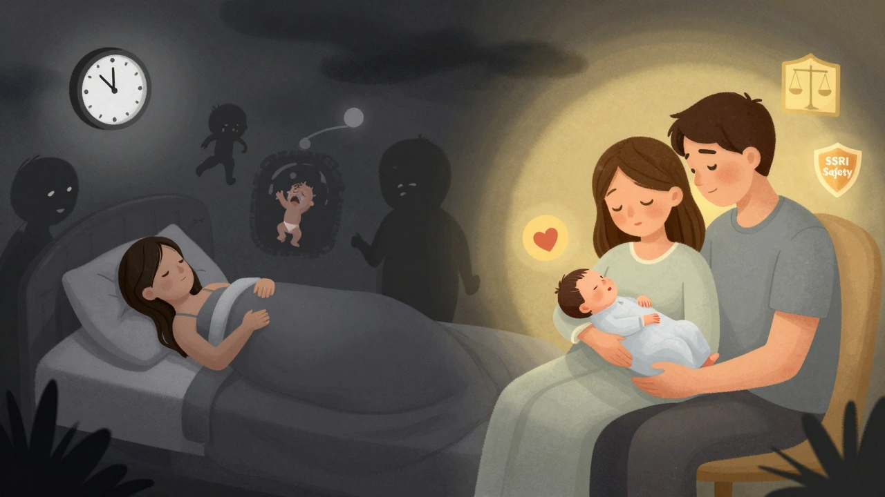 Split scene: pregnant woman in darkness versus same woman smiling with newborn in warm light, showing risks vs. benefits.