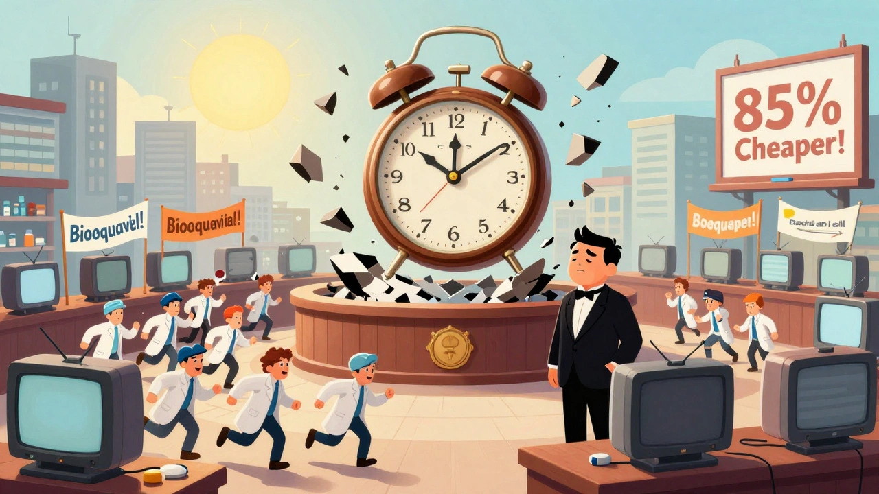 Tiny generic drug makers storm a courtroom as a patent clock breaks, while a brand-name drug in a tuxedo watches helplessly.