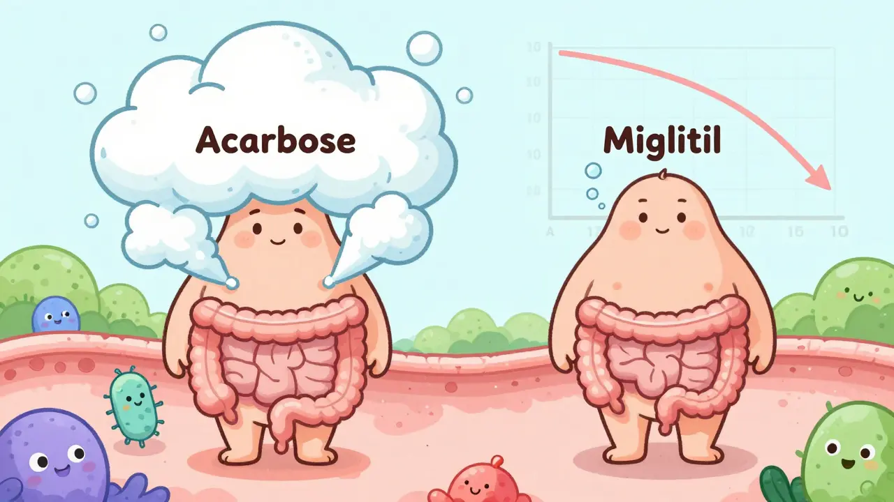 Two characters comparing gas side effects of acarbose and miglitol in a whimsical digestive landscape.