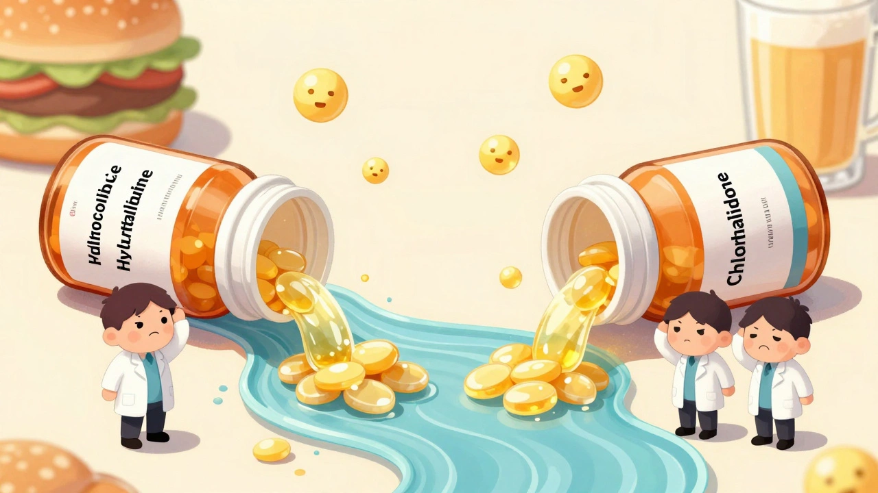 Two diuretic pills pouring uric acid crystals into a kidney river, with floating food molecules.