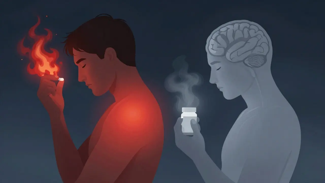 Two figures show NSAID vs acetaminophen: one reduces inflammation, the other soothes a quiet headache.