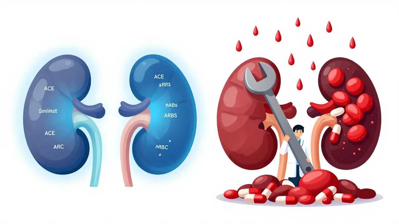 Two kidneys side by side: one healthy, one clogged with potassium buildup from Trimethoprim.