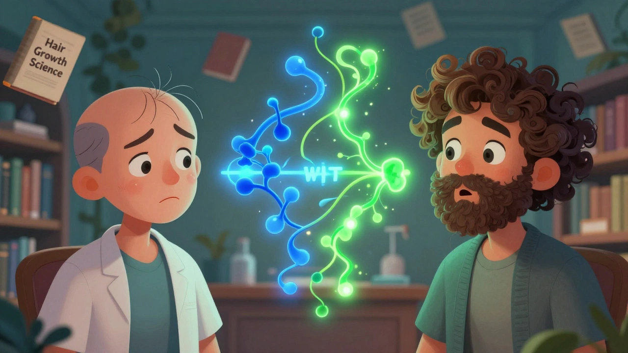 Two patients side by side: one with thinning hair, one with facial hair growth, Wnt pathway as glowing vines
