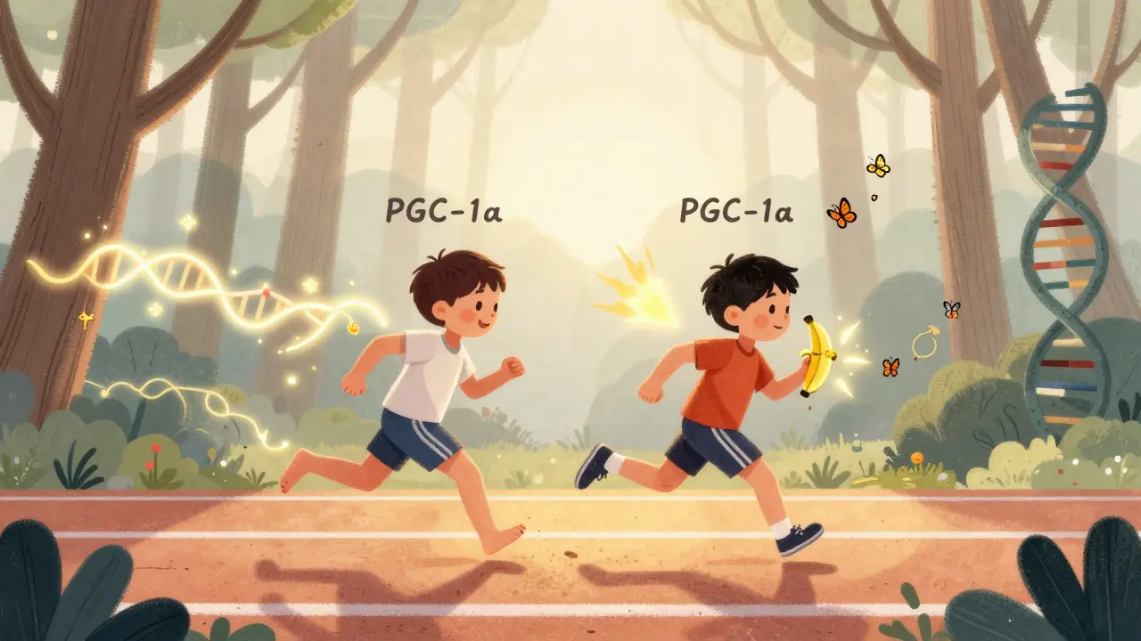 Two runners—one fasted in mist, one fed with banana—surrounded by glowing genes and energy sparks.