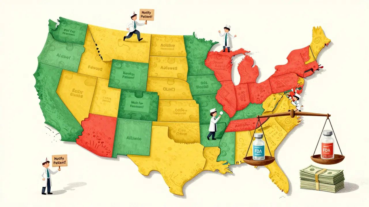 Whimsical U.S. map with puzzle-piece states showing different substitution laws, pharmacists scrambling across borders with signs about notification and permission.
