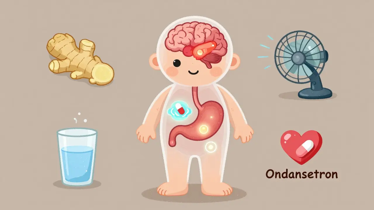 A cartoon human body showing how medications affect the stomach, brain, and brainstem.
