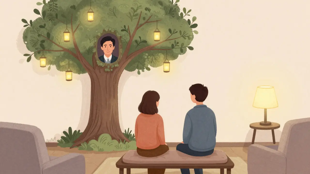 A counselor and grieving person sit together in a softly lit room, with a tree growing from a missing portrait.