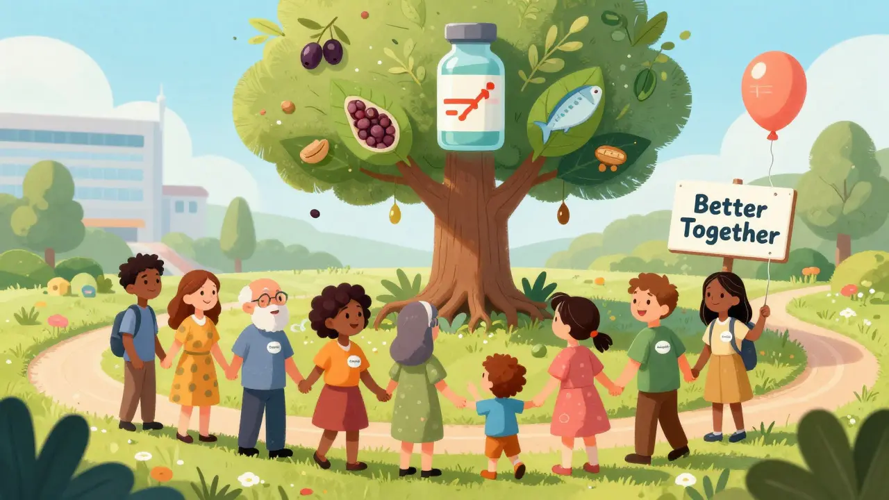 A diverse group of people hold hands in a garden under a tree shaped like insulin and thyroid hormones, symbolizing integrated care.