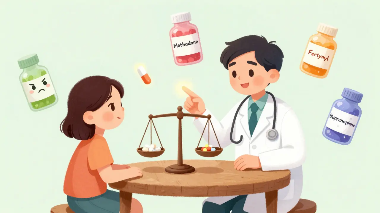 A doctor and patient examine floating opioid pills with expressive faces, comparing doses on a balance scale.