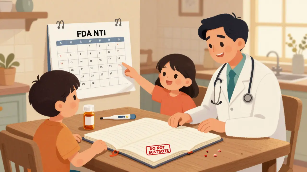 A family at a kitchen table with a blood monitoring calendar and a 'Do Not Substitute' pill bottle under a doctor's watchful eye.
