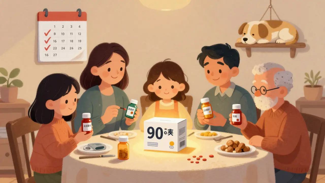 A family at the table with medication bottles and one large 90-day supply box, calendar showing only four refill dates.