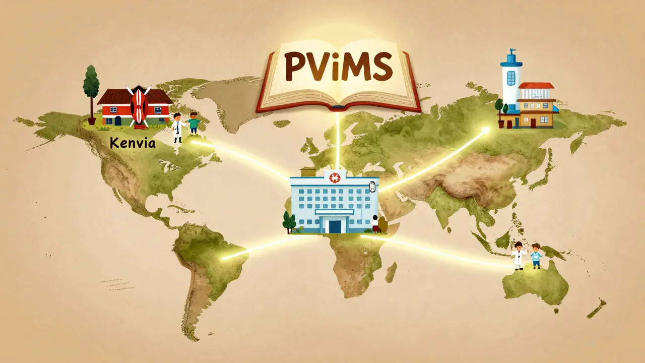 A global map connects clinics and labs with glowing data paths, symbolizing shared drug safety efforts in a warm, illustrated style.