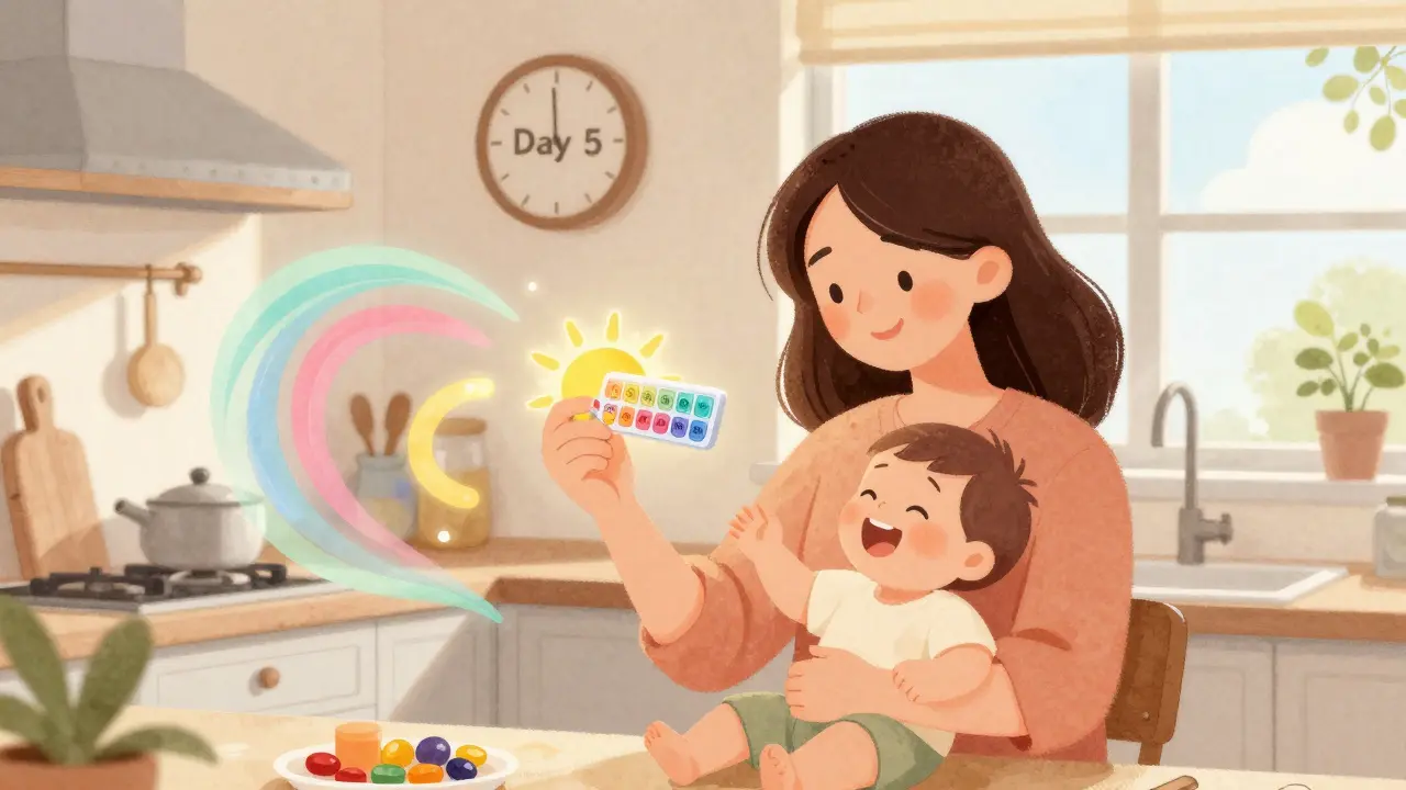 A mother holds her baby while using a sun-shaped 14-day pill organizer in a cozy kitchen.