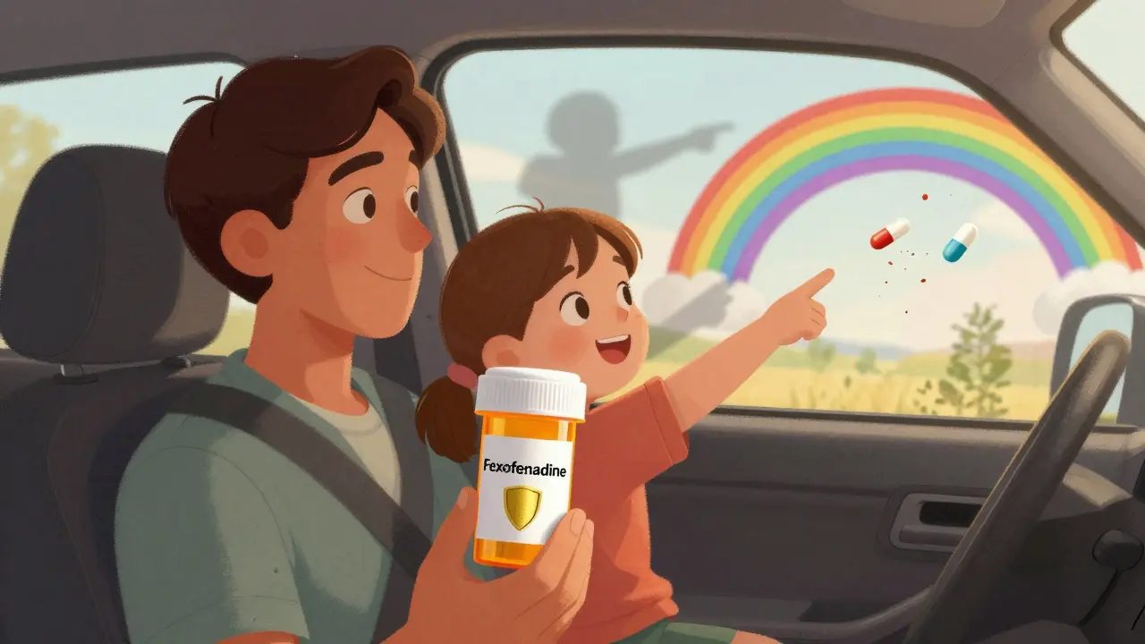 A parent drives safely with a safe antihistamine while harmful pills crumble behind them, family enjoying a sunny road.