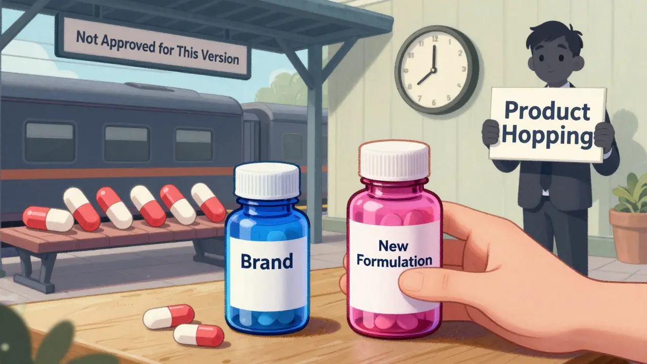A patient is moved from an old drug bottle to a new version, while generics wait barred from substitution, illustrated in a soft, storybook aesthetic.