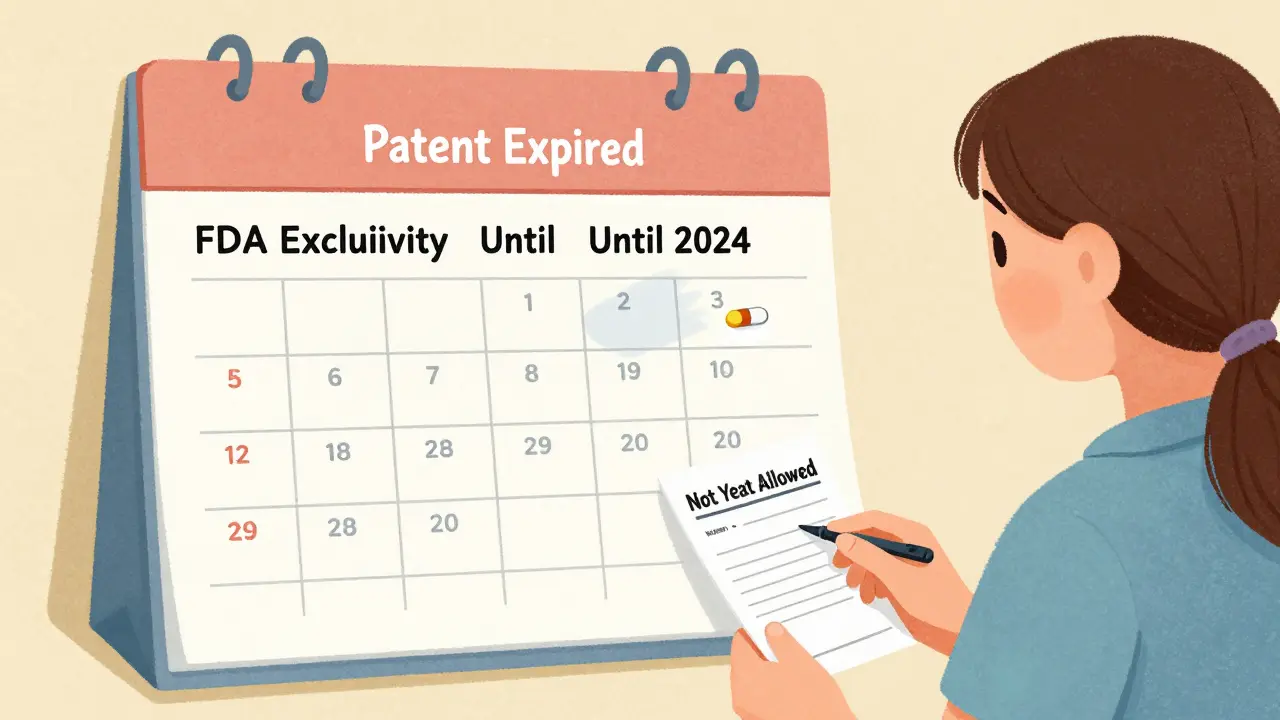 A patient viewing a calendar showing FDA exclusivity still active after patent expiration, in soft storybook illustration style.
