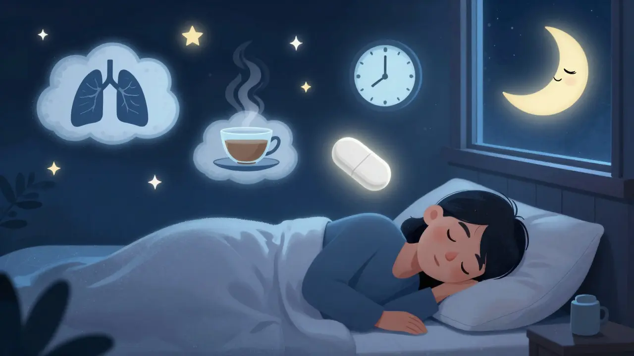 A peaceful nighttime scene with a floating pill and calming symbols above a sleeping person.