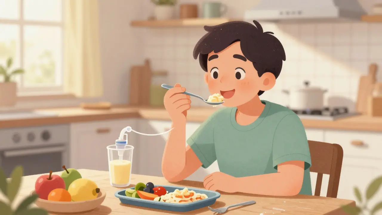 A person enjoys a meal with family, eating a small bite by mouth while receiving nutrition through a PEG tube.