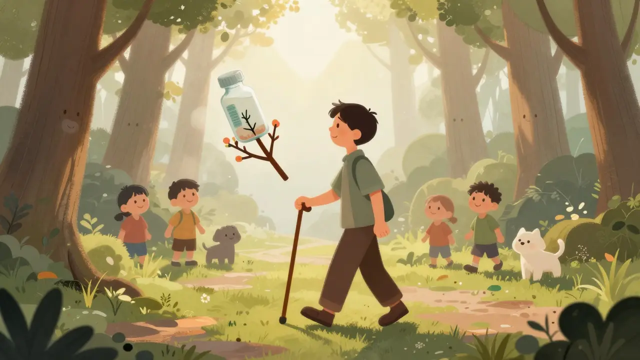 A person walks through a clearing forest, their cane turning from a pill bottle into a blooming branch under sunrise light.