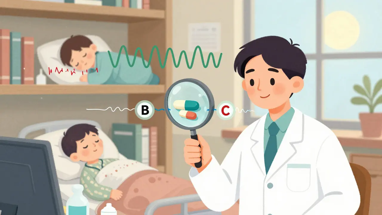 A pharmacist examining generic pills with a magnifying glass, showing fluctuating blood levels above a sleeping and hospitalized patient.
