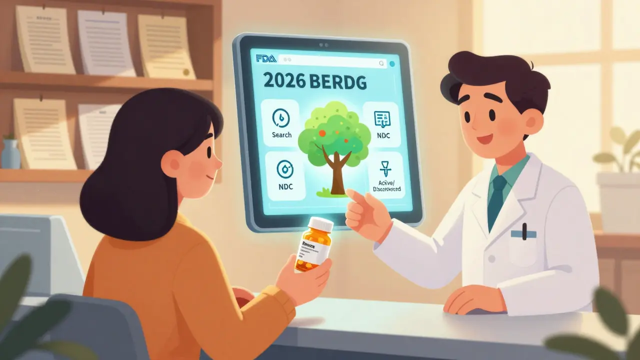 A pharmacist gives a patient a generic medication while a digital FDA database interface glows in the background, symbolizing the 2026 upgrade.