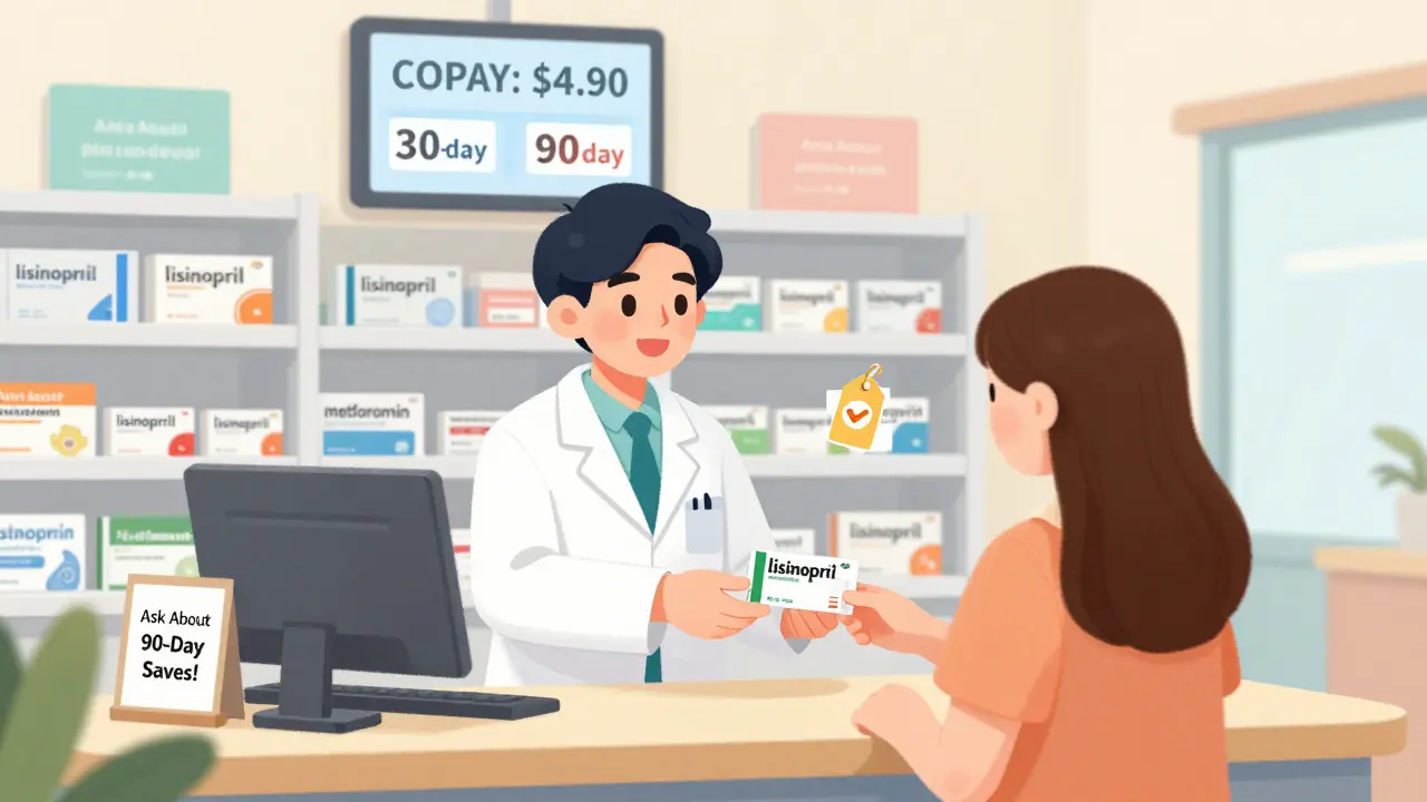 A pharmacist handing a 90-day prescription to a patient at a bright pharmacy counter with savings shown on a screen.