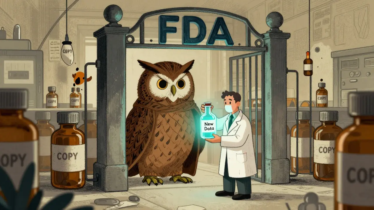 A scientist at a glowing vial facing an FDA gate guarded by an owl, with generic pills retreating in a storybook scene.