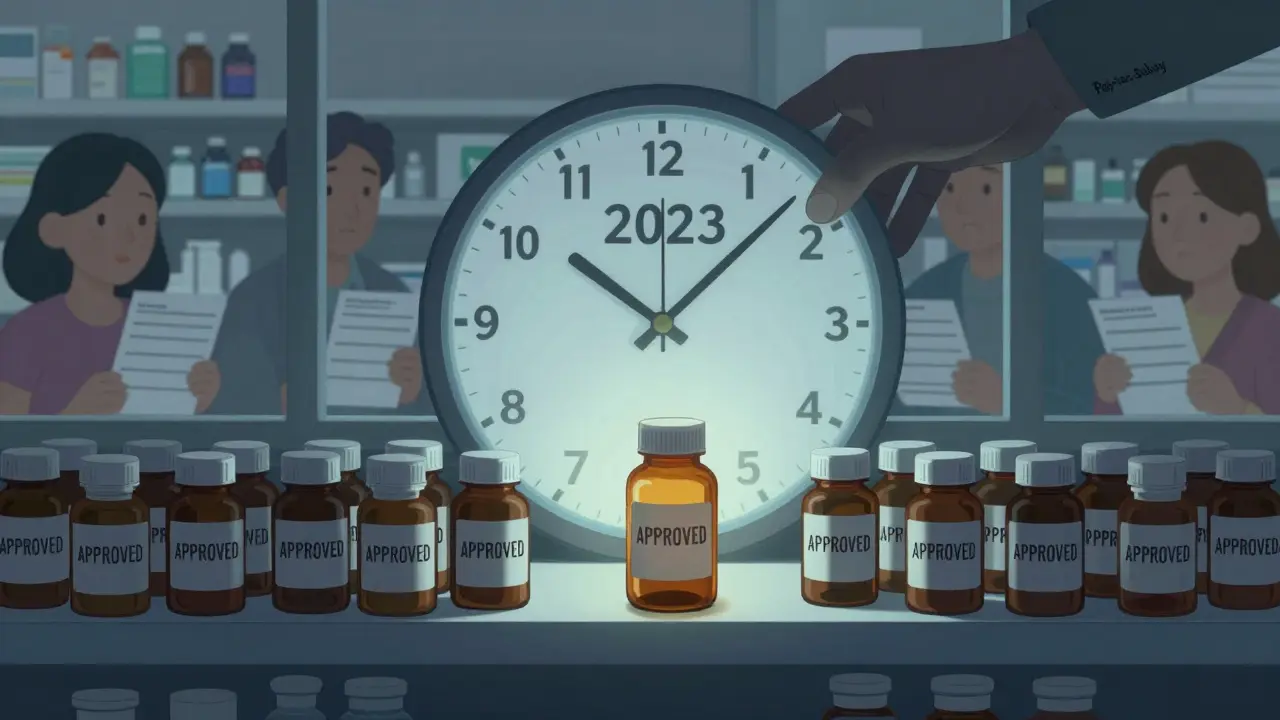 A single approved generic drug bottle on a shelf, trapped behind a frozen clock, while patients look on helplessly.