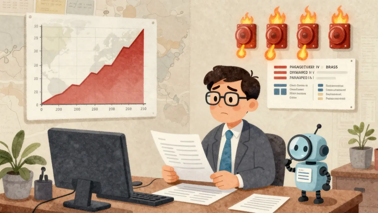 An executive in a pharmaceutical office watches charts and maps tracking generic entry timelines, with a robot analyzing legal documents in a hand-drawn style.