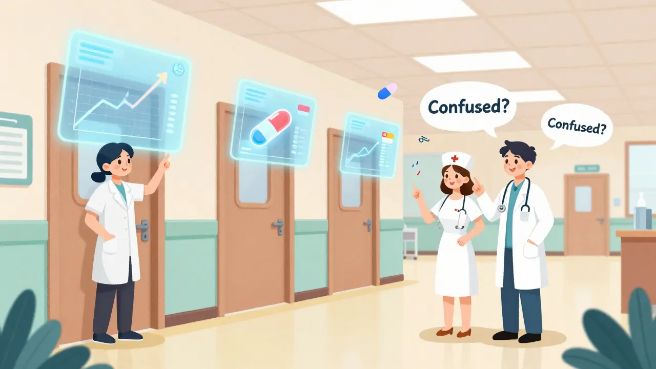 Digital safety alerts float above hospital doors as medical staff discuss patient data in a bright, storybook-style hallway.