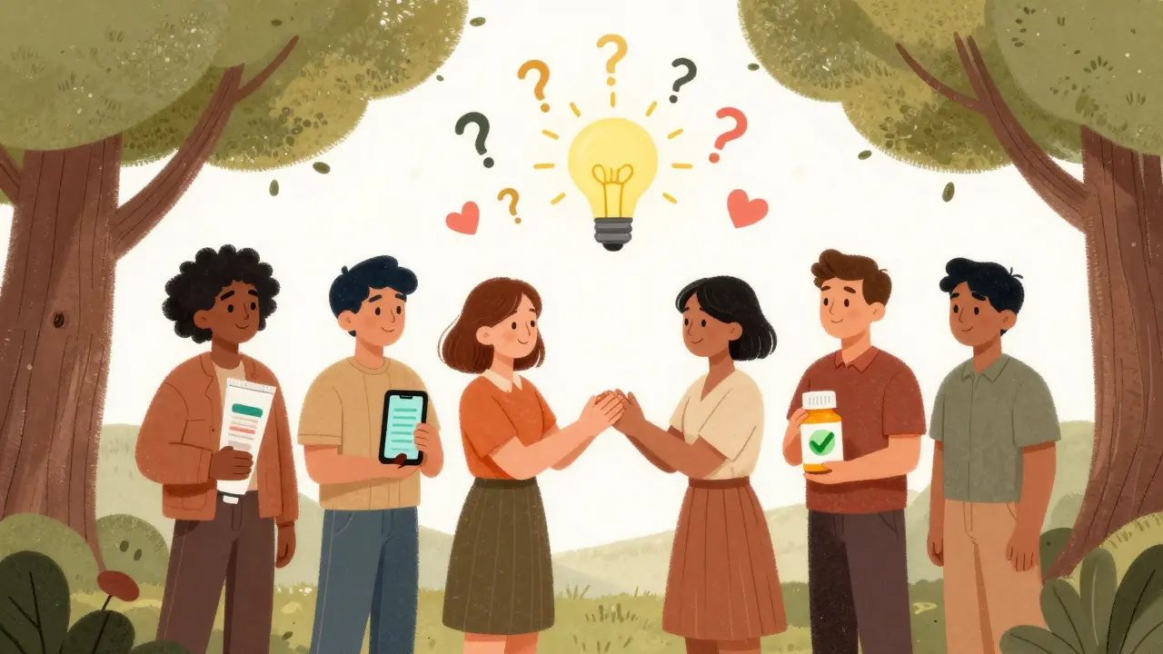 Diverse group holding tools for managing sexual side effects under a hopeful sky.