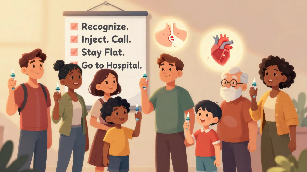 Diverse people holding epinephrine injectors beside a visual checklist of emergency steps.