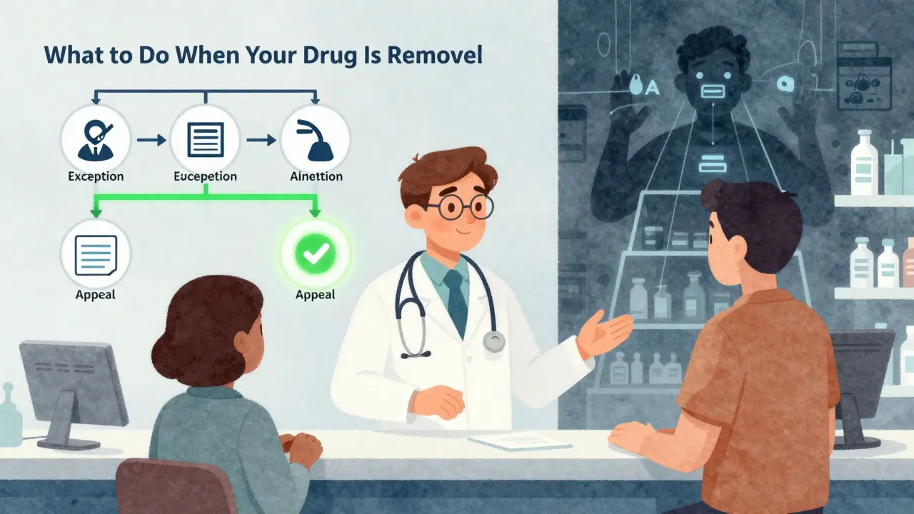 Doctor and pharmacist helping a patient understand options when a prescribed drug is removed from coverage.