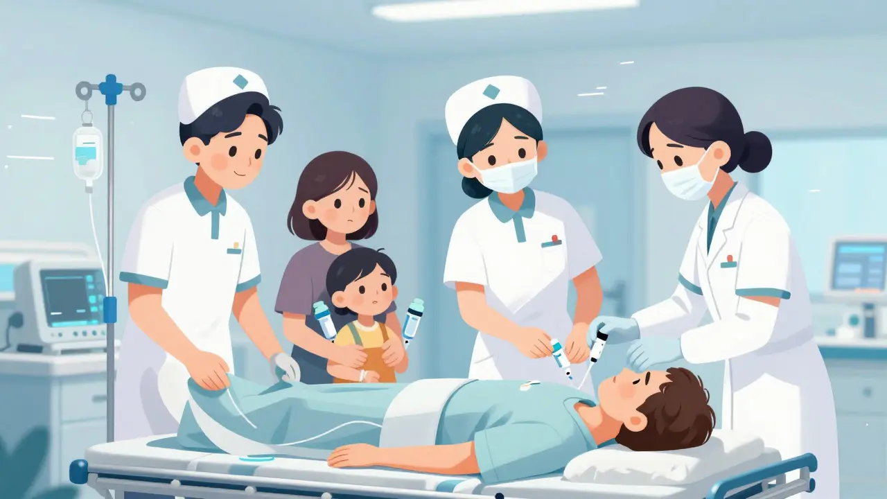 Emergency staff treating a patient in a hospital with IV fluids and oxygen, family watching anxiously.