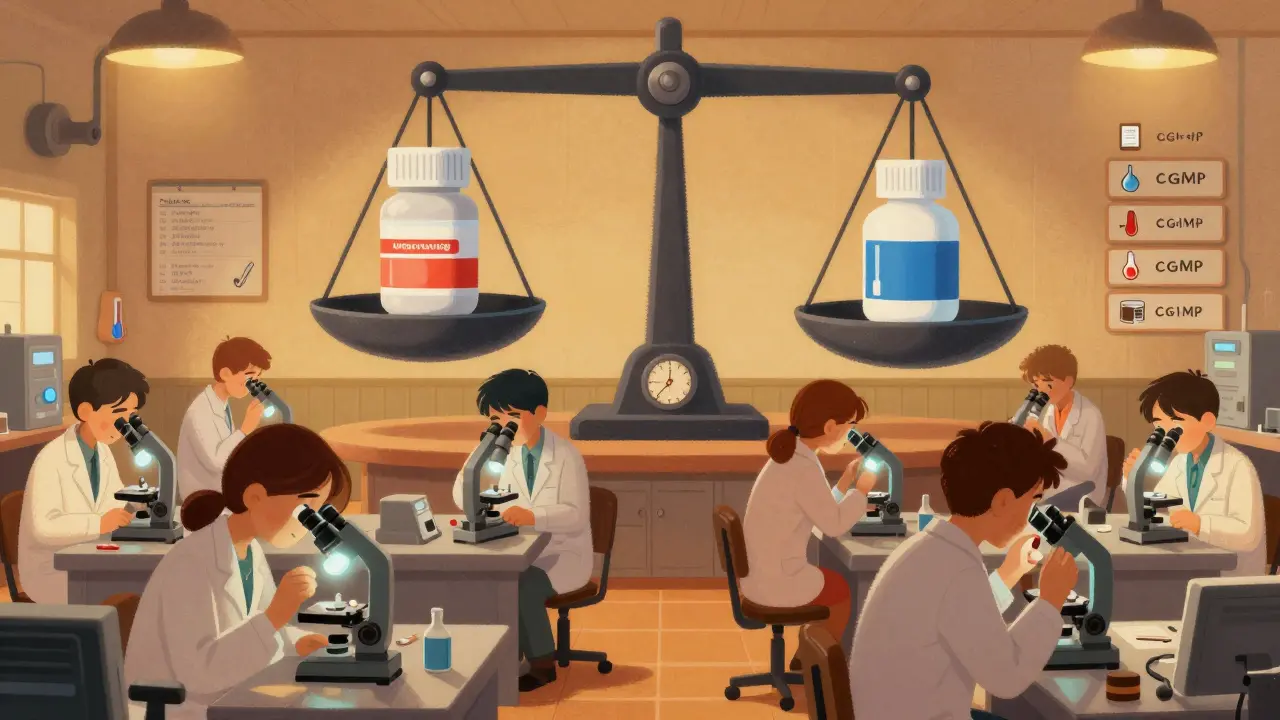 Factory workers inspecting pills under microscopes, with brand and generic drugs balanced on a scale.