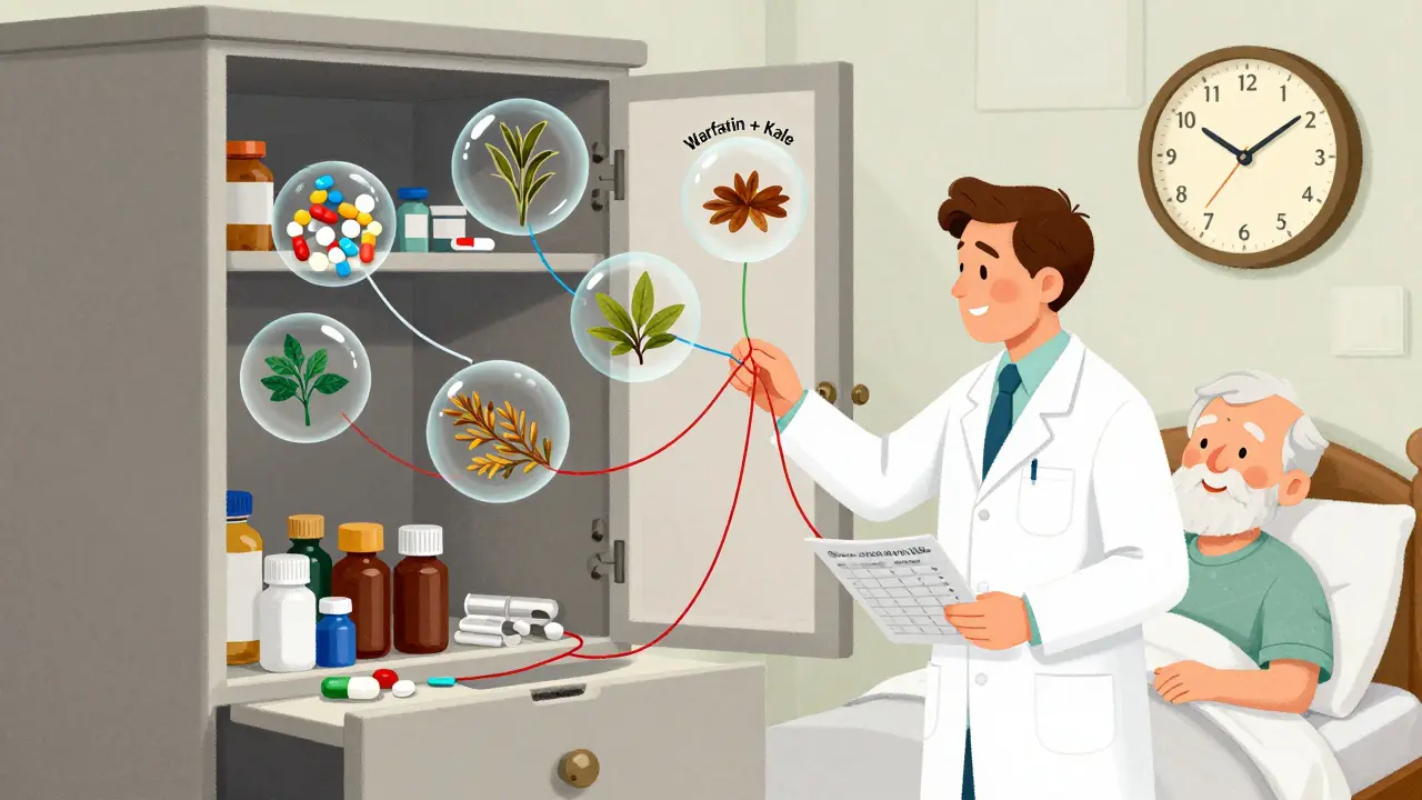 Floating medication bubbles connected to a clock showing morning, noon, evening, and bedtime times, with pharmacist untangling dangerous interactions.