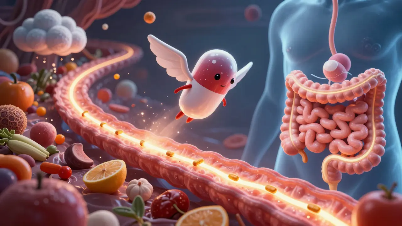 Magical nanoparticle pill flying through the digestive system, bypassing food barriers to reach the gut.